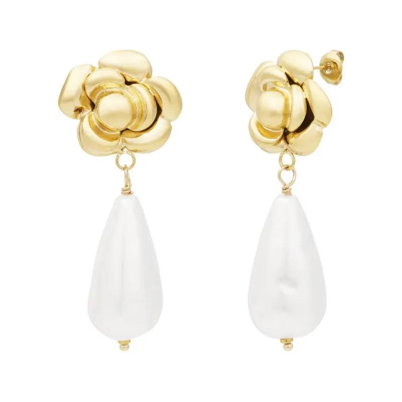 Pendientes acero inoxidable con detalle de flor y perla colgante grande