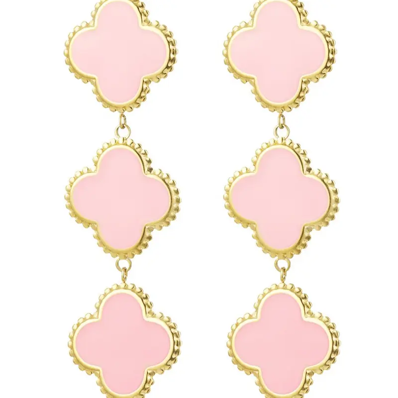 Pendientes acero inoxidable largos con tréboles rosas acabado en oro - mbyou
