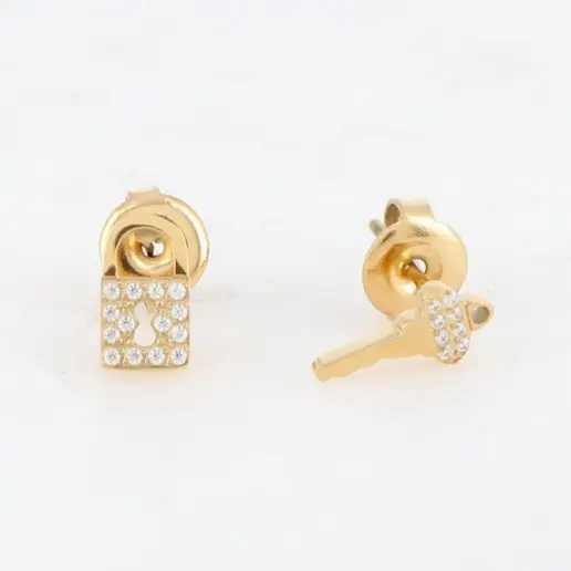 Pendientes acero llave y candado acabado oro