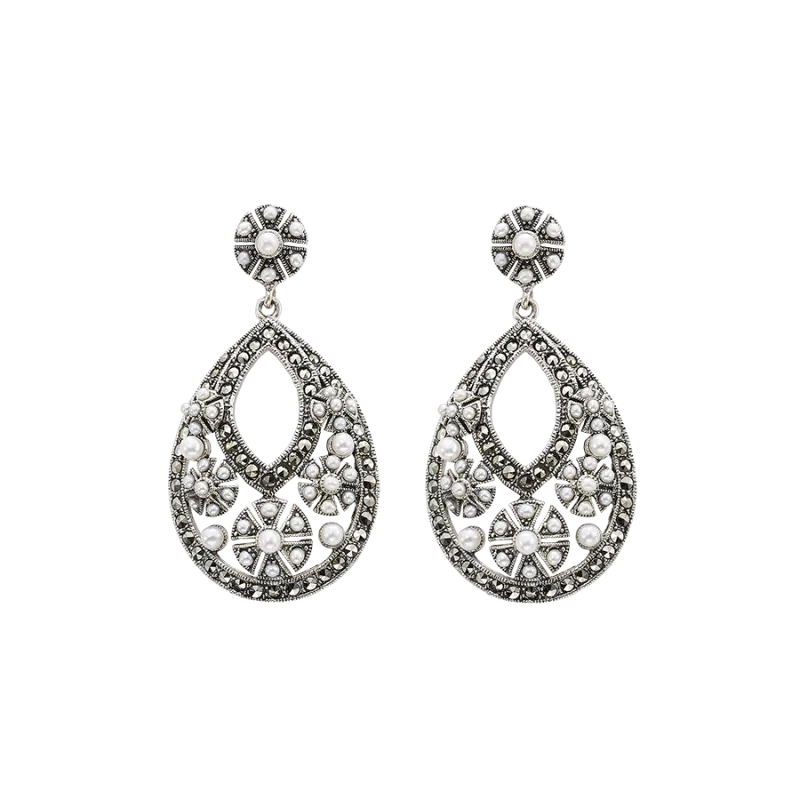 Pendientes Ana marcasitas y perlas, plata