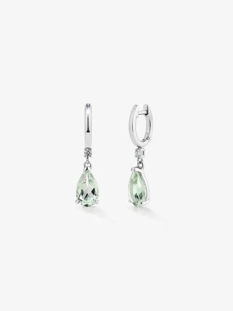 Pendientes aro de plata 925 con amatista verde y diamante colgante