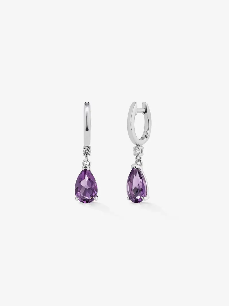Pendientes aro de plata 925 con amatista y diamante colgante