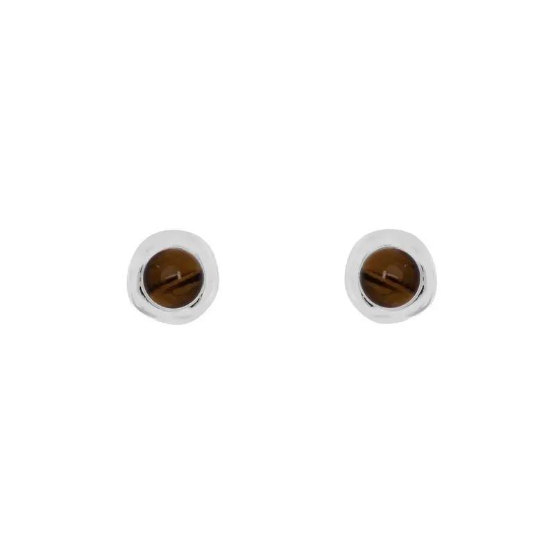 Pendientes botón circulares plata S925 y piedras semipreciosas ojo de tigre marrón veteado