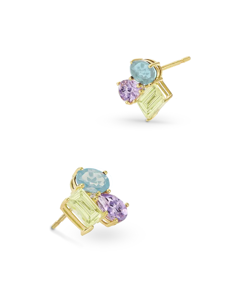 Pendientes Bow cuarzo limón, amatista, topacio azul, plata dorada