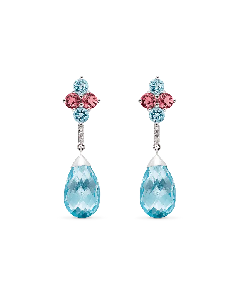 Pendientes Candy Drop topacios azules y turmalinas rosas, oro blanco