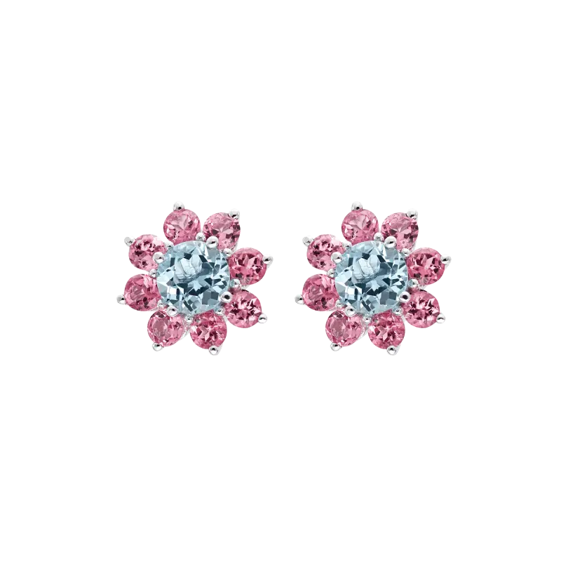 Pendientes Candy Flower Duo topacios azules y turmalinas rosas, oro blanco