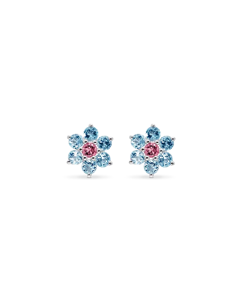 Pendientes Candy Flower topacios azules y turmalinas rosas, oro blanco