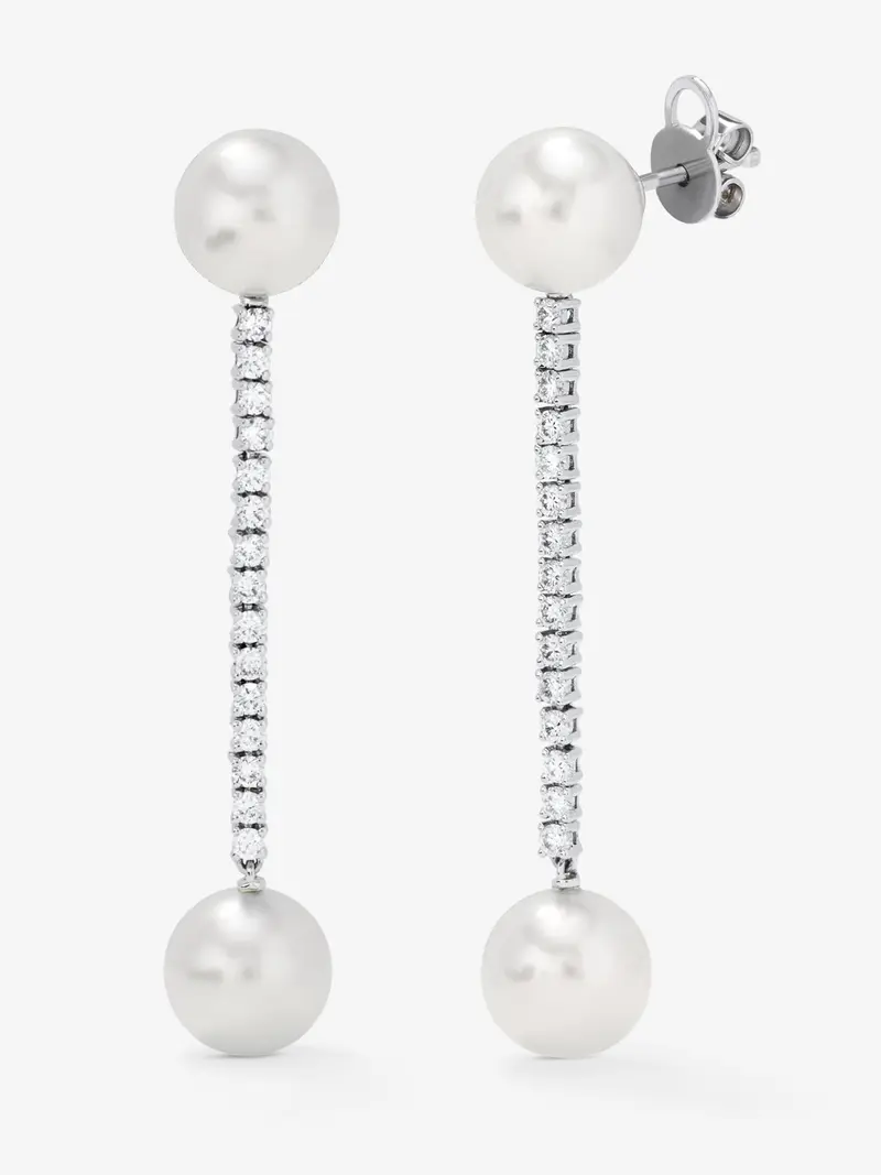 Pendientes colgante largo de oro blanco de 18K con diamante y perla