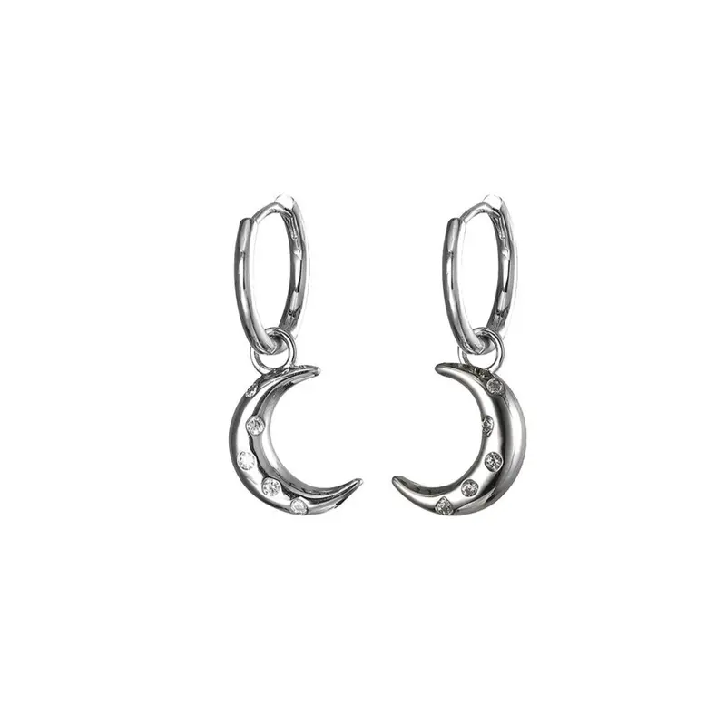 Pendientes con luna colgante y brillitos acabado plata