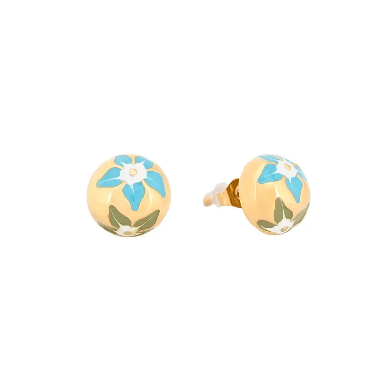 Pendientes cortos semicírculo con flores acabado oro