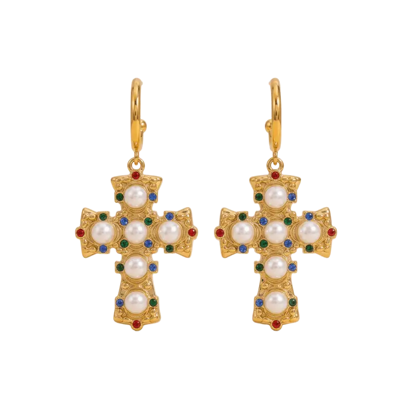 Pendientes Cruz con perlas y circonitas