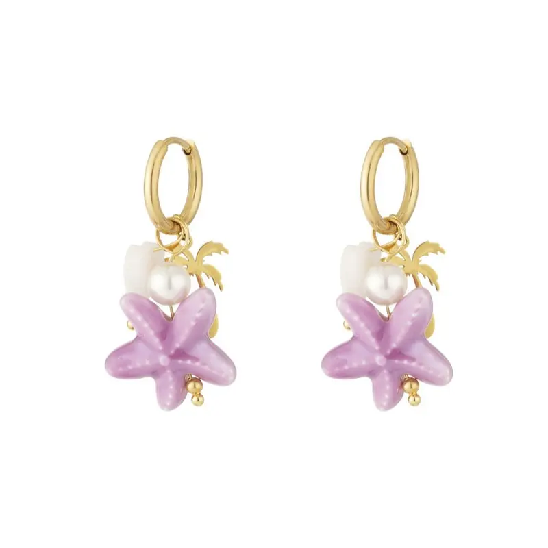 Pendientes de acero aro con dijes, corazón, palmera, estrella de mar lila  acabado oro - mbyou