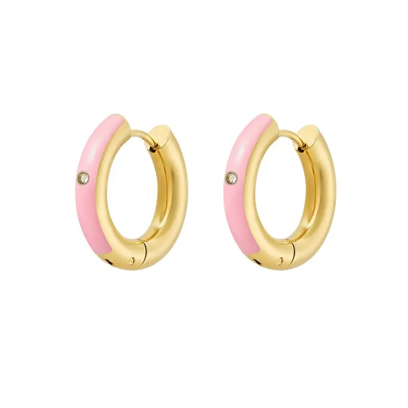 Pendientes de acero aro semiesmaltado rosa con circonitas acabado oro - mbyou