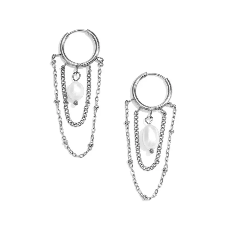 Pendientes de acero con cadenas colgantes y perla blanca