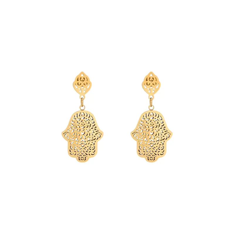 Pendientes de acero con mano de Fátima colgante en acabado oro
