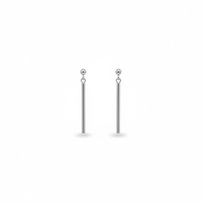 Pendientes de acero en forma de barra vertical con una esfera en acabado plata