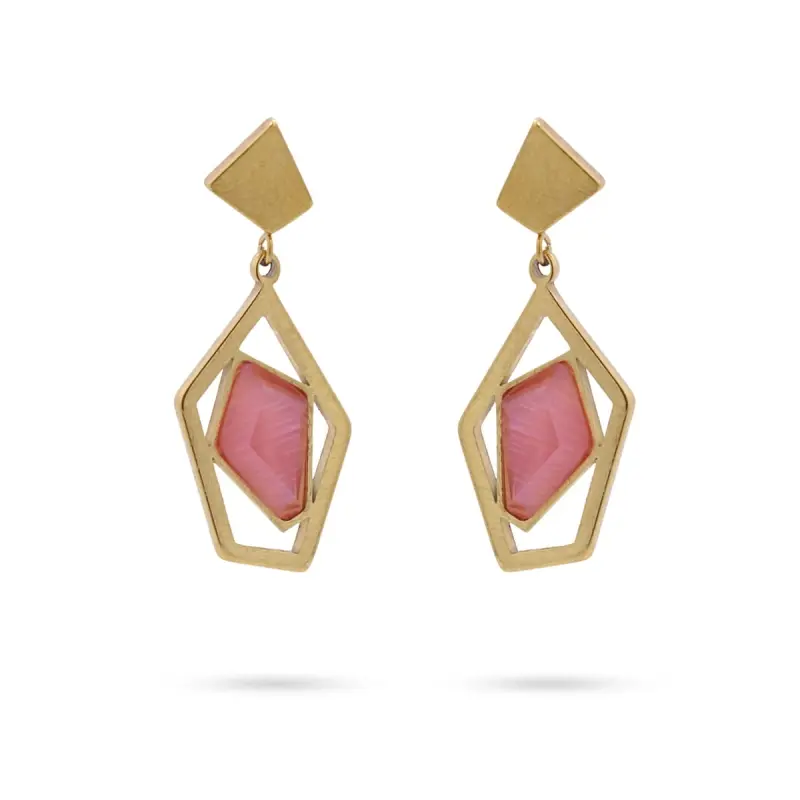 Pendientes de acero inoxidable quirúrgico forma de lágrima geométrica con piedra rosa acabado oro