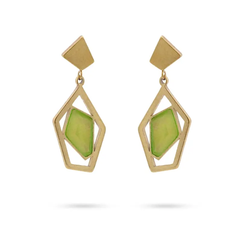 Pendientes de acero inoxidable quirúrgico forma de lágrima geométrica con piedra verde acabado oro - mbyou