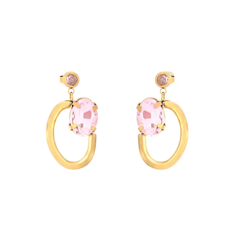 Pendientes de acero ovales con cristal rosa claro acabado oro - mbyou