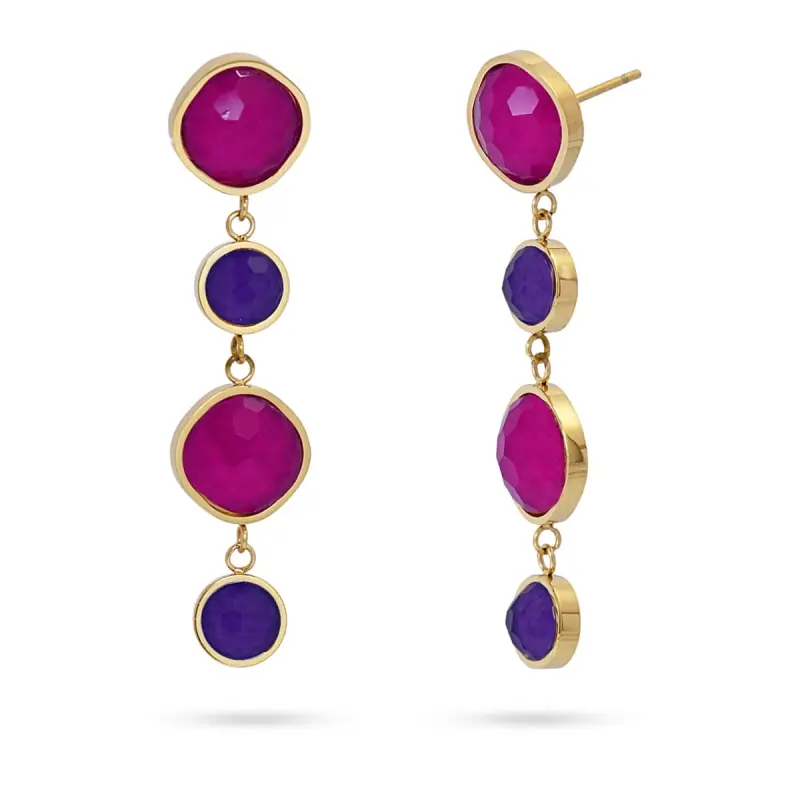Pendientes de acero quirúrgico largos con cristales fucsia y morado