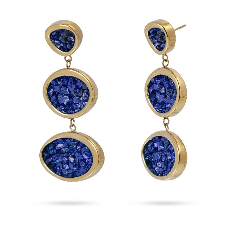 Pendientes de acero quirúrgico largos con drusas en color azul rey acabado oro - mbyou