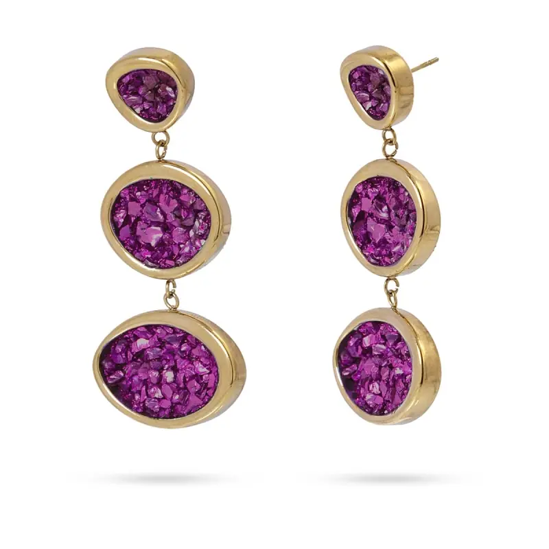 Pendientes de acero quirúrgico largos con drusas rosa fucsia acabado oro - mbyou