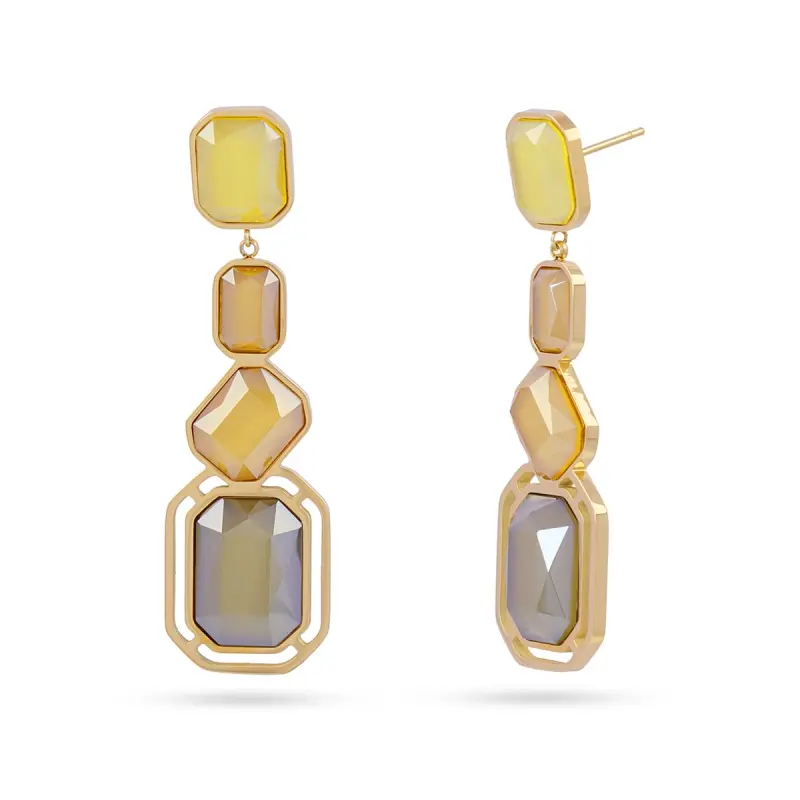 Pendientes de acero quirúrgico largos con piedras de cristal facetadas mostazas y marrón gris