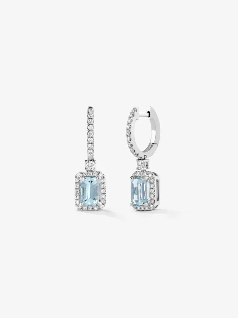 Pendientes de aro con colgante de oro blanco de 18K con aguamarina y diamante