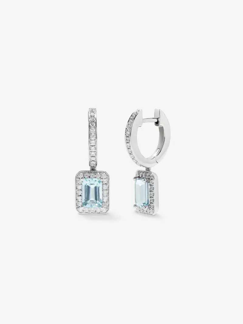 Pendientes de aro con colgante de oro blanco de 18K con aguamarina y diamante