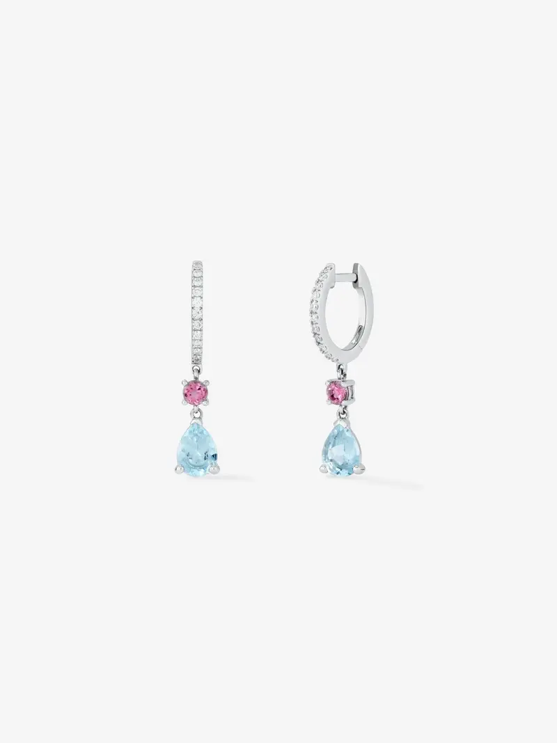 Pendientes de aro con colgante de oro blanco de 18K con aguamarina y turmalina