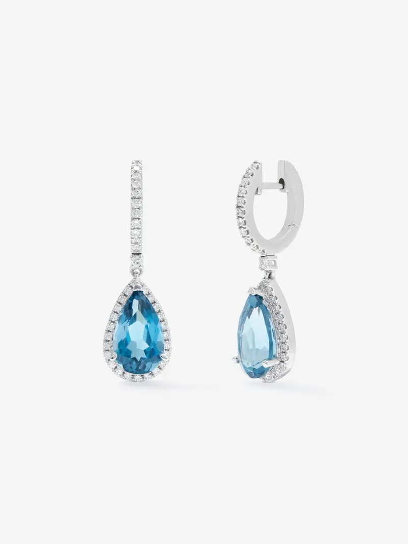 Pendientes de aro con colgante de oro blanco de 18K con topacio y diamante