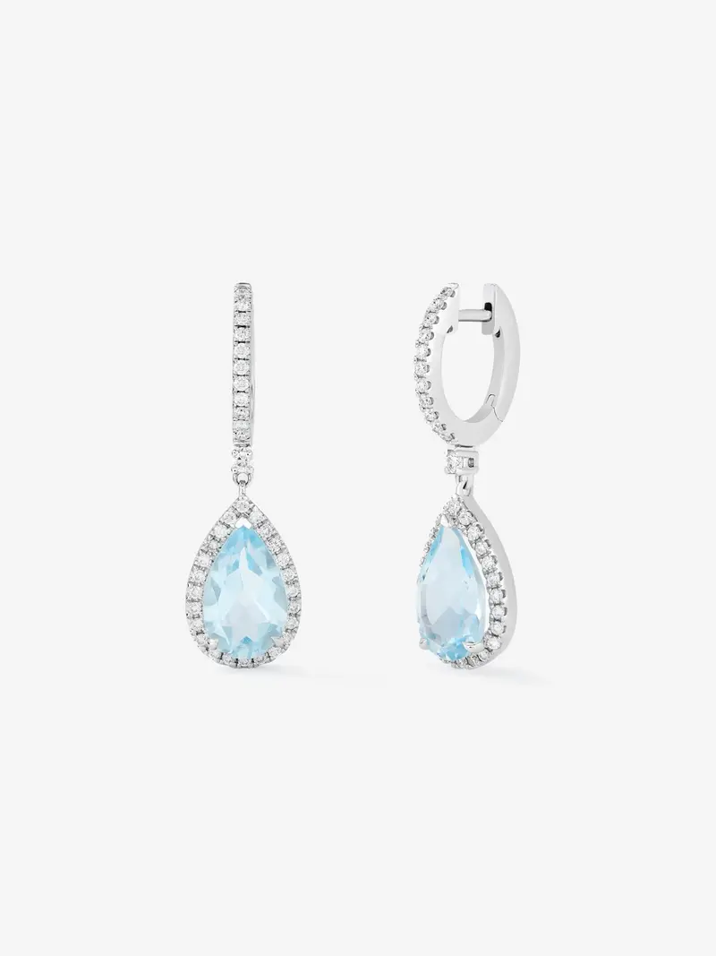 Pendientes de aro con colgante de oro blanco de 18K con topacio y diamante