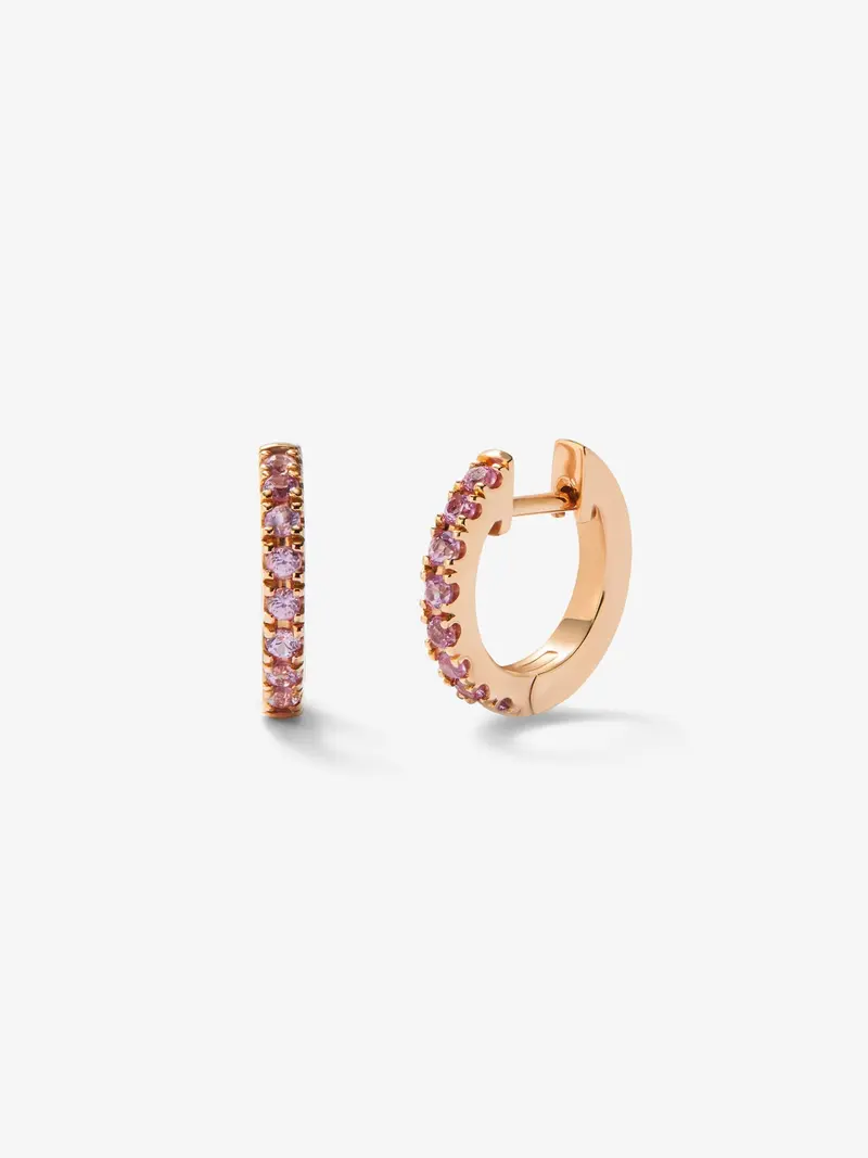 Pendientes de aro de oro rosa de 18K con 16 zafiros rosas en talla brillante con un total de 0,23 cts