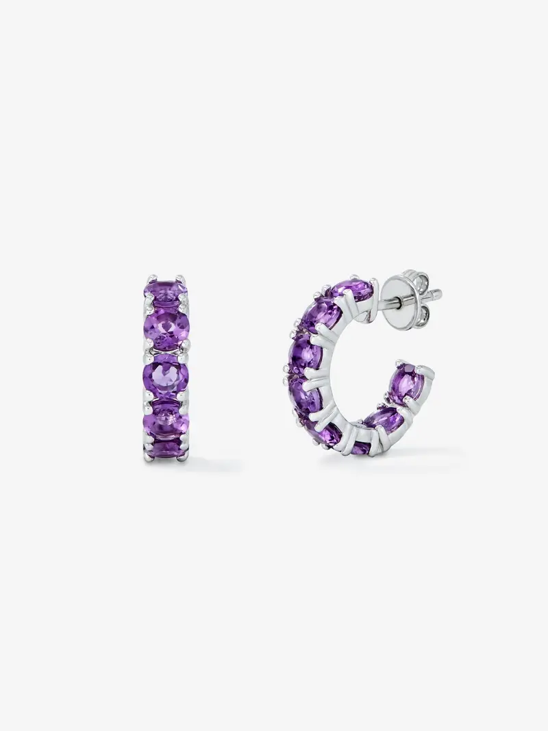 Pendientes de aro de plata 925 con 16 amatistas moradas en talla brillante con un total de 3,36 cts