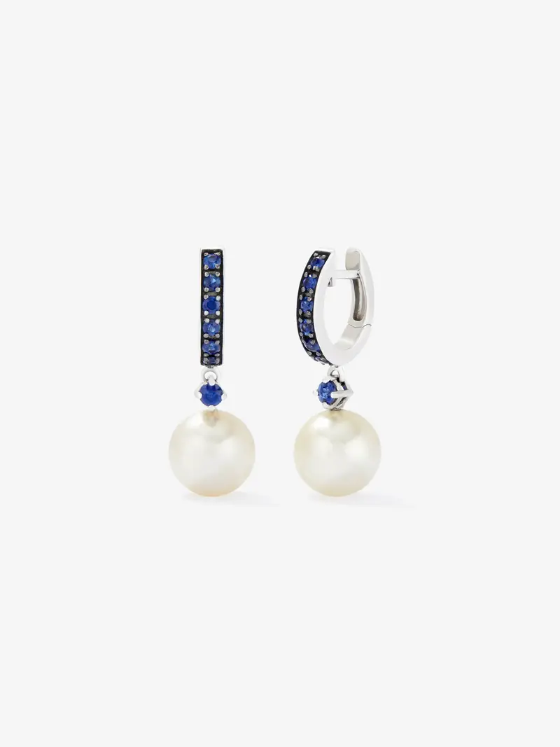 Pendientes de aro de plata 925 con zafiros azules y perlas australianas 8,5mm