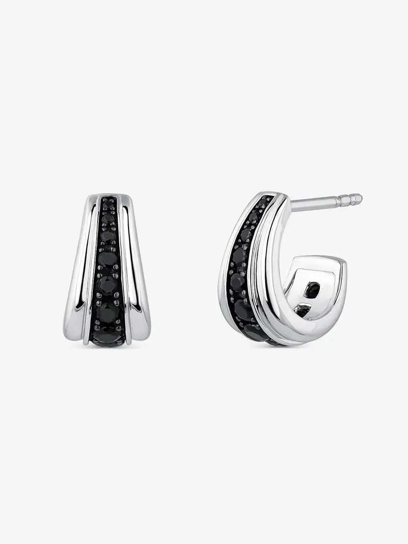 Pendientes de aro pequeños de plata 925 con espinelas negras en talla brillante de 1,06 cts