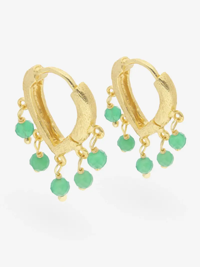 Pendientes de aro triangular en plata 925 chapada en oro con ónix verde
