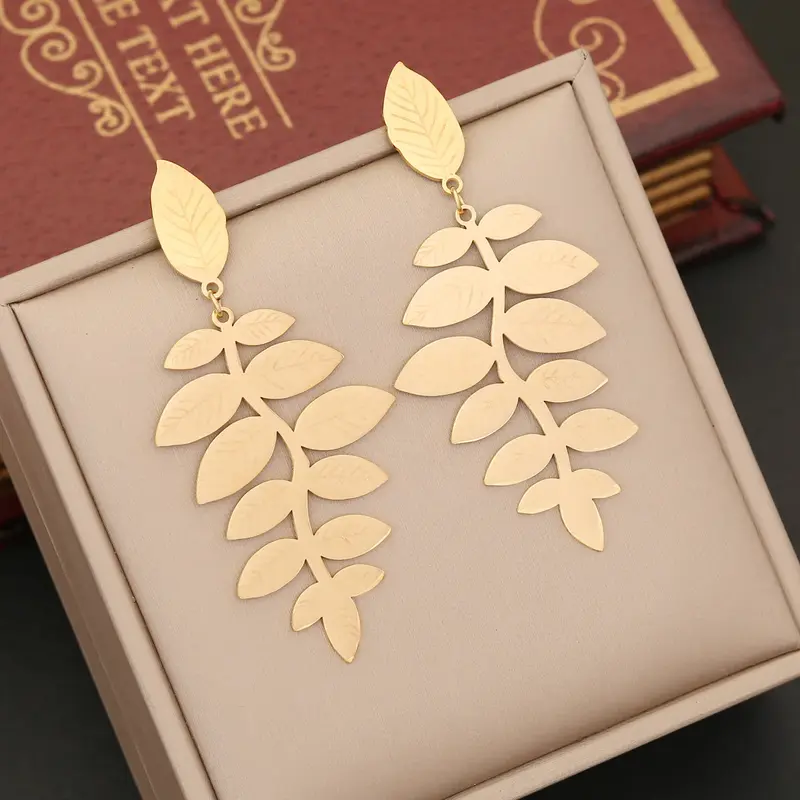 Pendientes de botón, acero inoxidable diseño de hoja