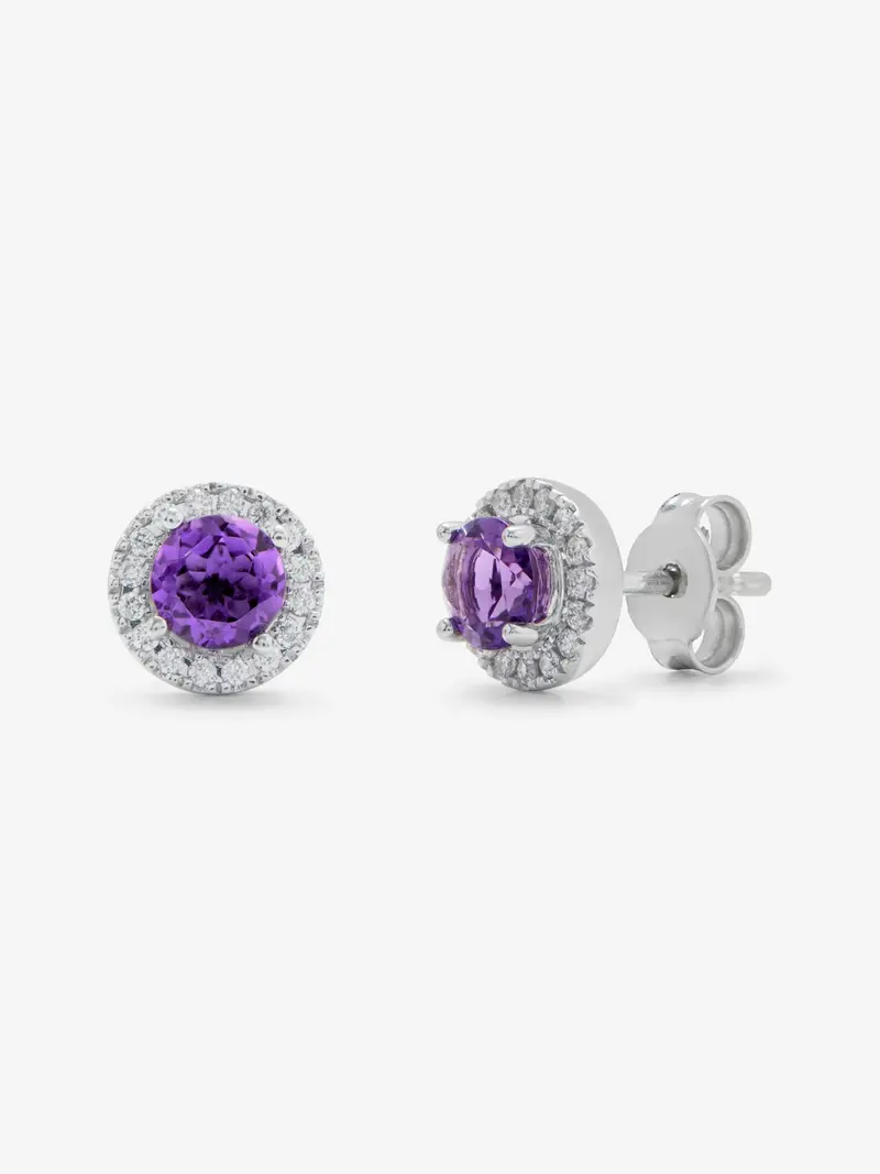 Pendientes de boton de oro blanco de 18K con amatista y diamante