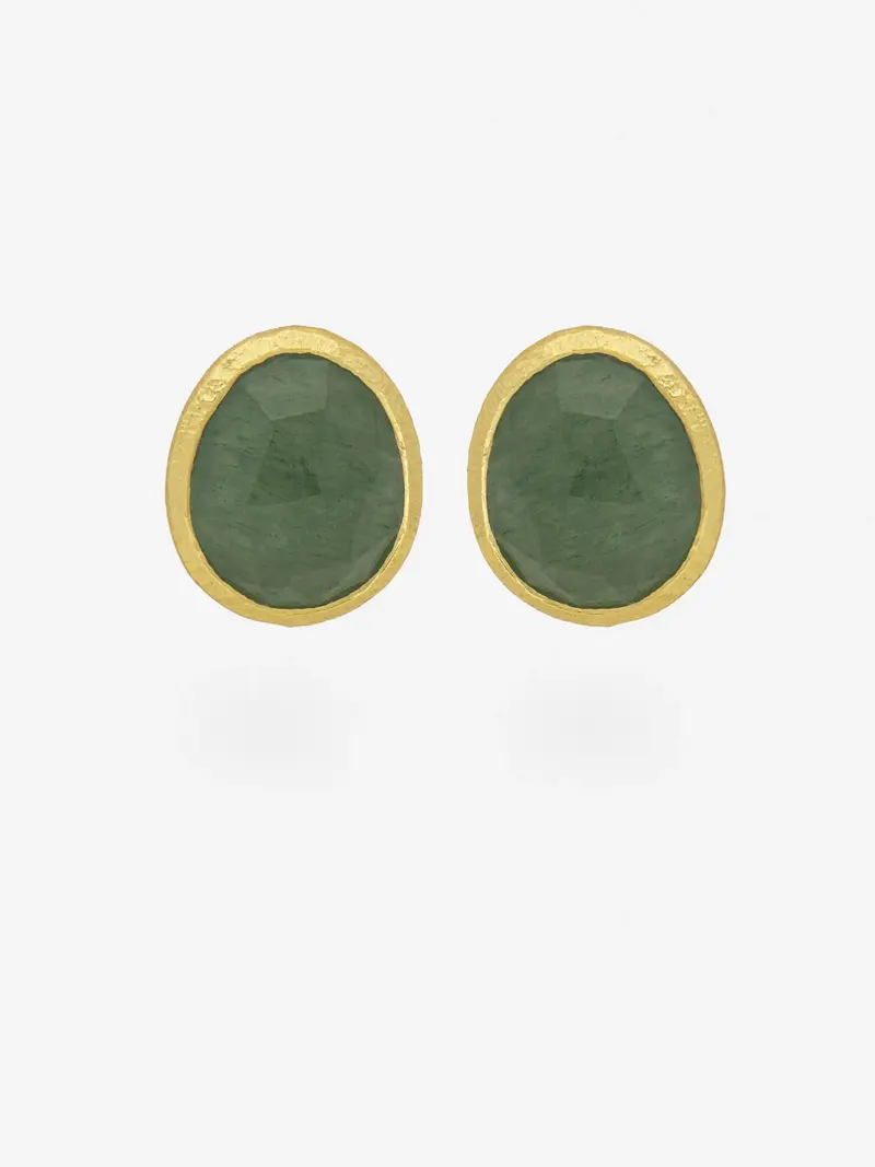 Pendientes de botón de plata 925 chapada en oro con aventurina verde
