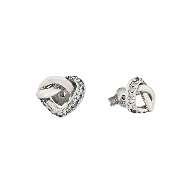 Pendientes de botón de plata S925 en forma de corazón con nudo y circonitas