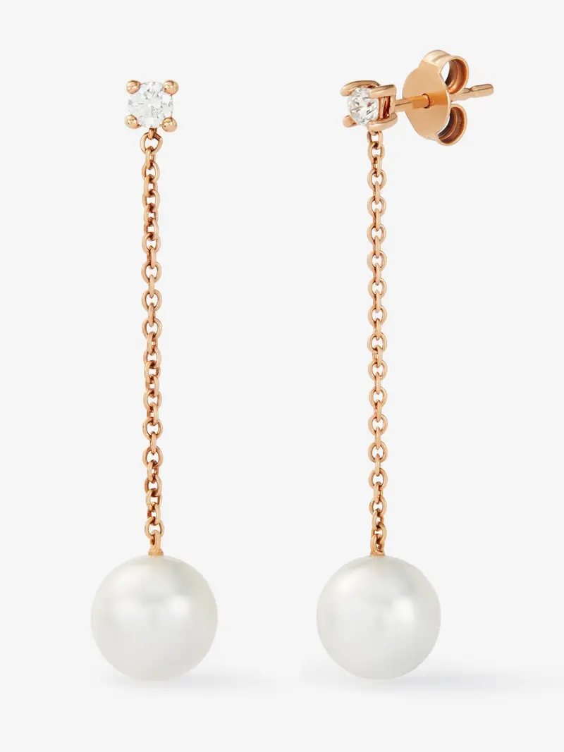 Pendientes de cadena de oro rosa de 18K con 2 diamantes en talla brillante con un total de 0,22 cts y 2 perlas 9mm