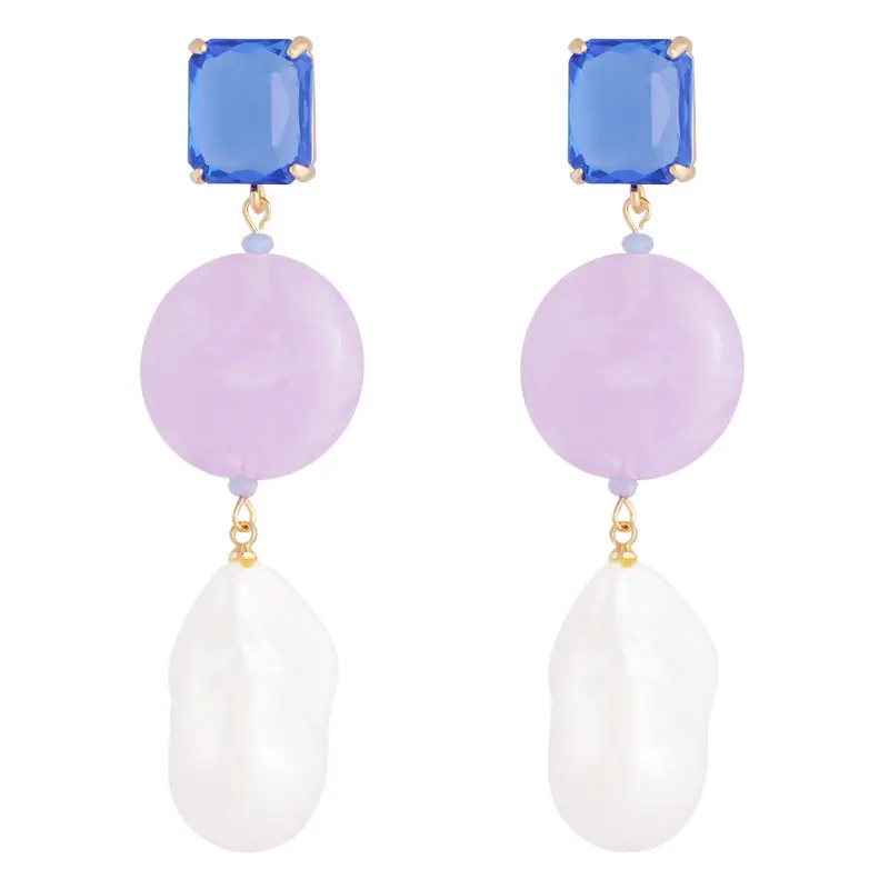 Pendientes de cristal color azul, con piedra malva y perlas XL acabado oro - mbyou