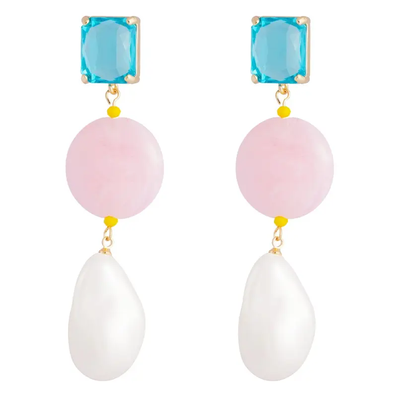 Pendientes de cristal color azul transparente, con piedra rosa y perlas XL acabado oro - mbyou