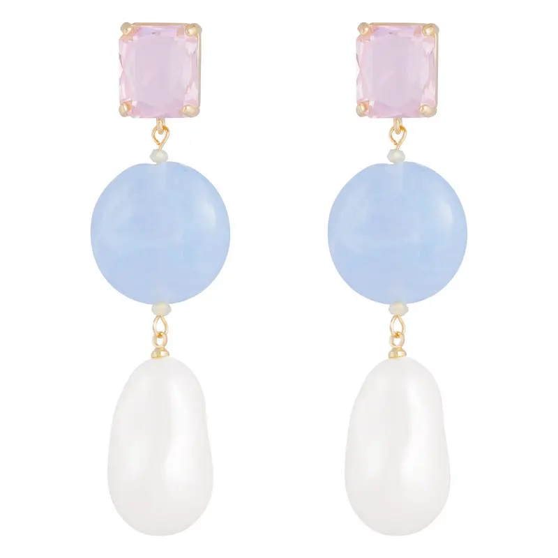 Pendientes de cristal color rosa transparente, con piedra azulada y perlas XL acabado oro - mbyou