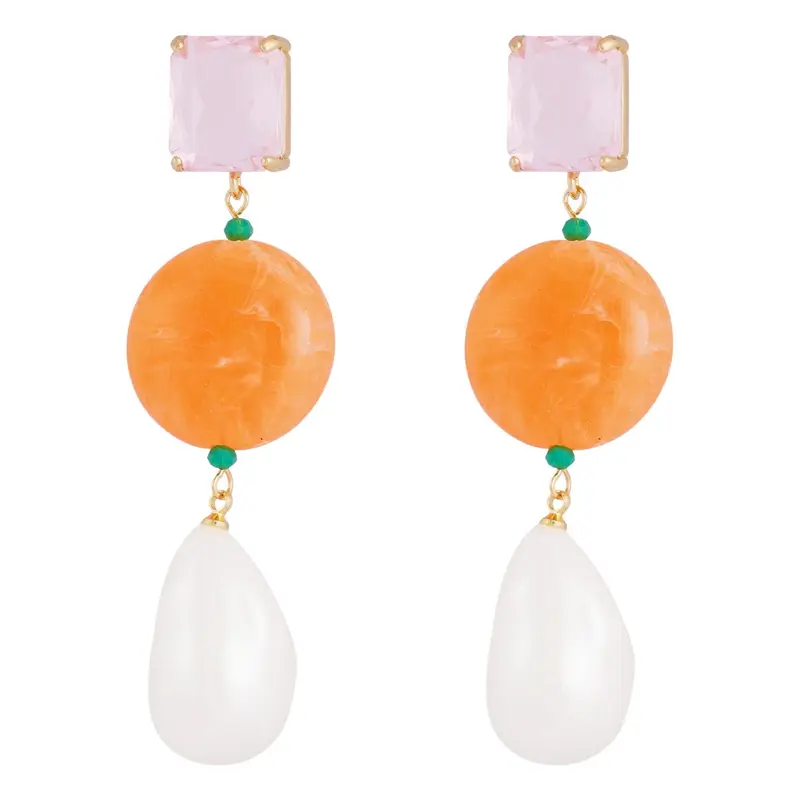 Pendientes de cristal color rosa transparente, con piedra naranja y perlas XL acabado oro - mbyou