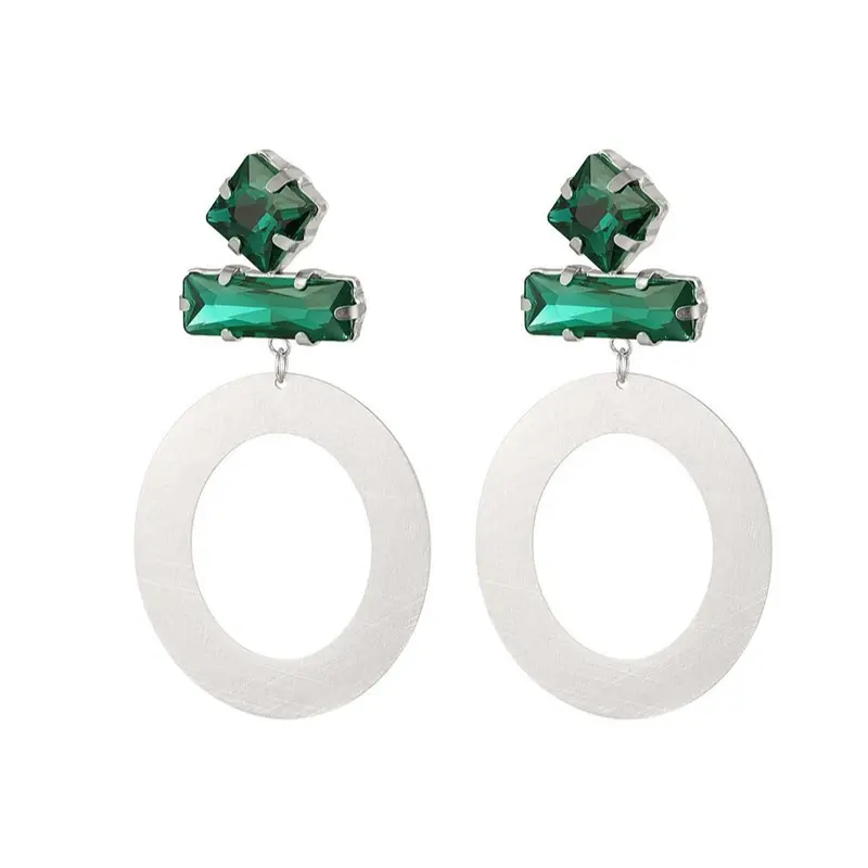 Pendientes de metal con cristales en color verde y un aro con acabado mate plata - mbyou