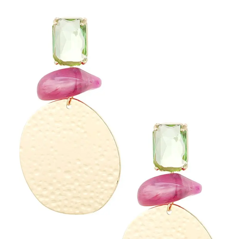 Pendientes de metal con piedra y cristal color rosa y verde acabado oro - mbyou