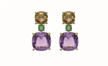 Pendientes de oro amarillo con esmeraldas, amatistas moradas y cuarzos citrinos amarillos