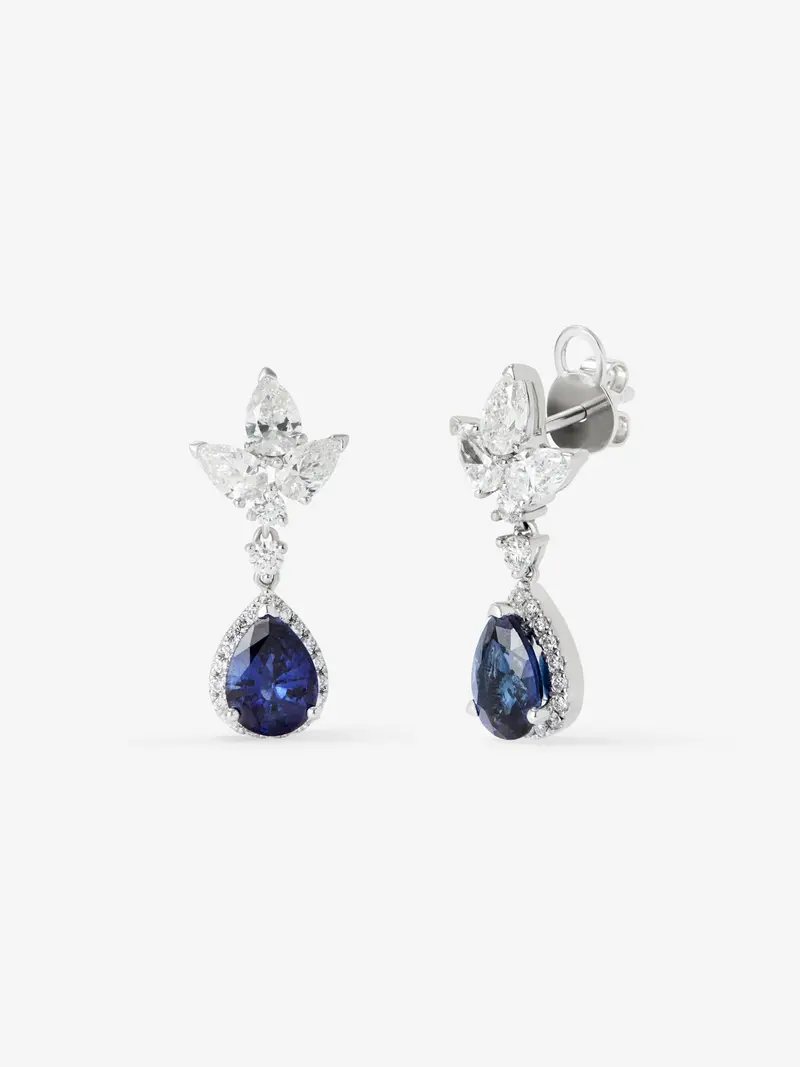 Pendientes de oro blanco de 18K con 2 zafiros rosas en talla pera con un total de 5,25 cts, 6 diamantes en talla con un total de 1,2 cts y 4 en talla brillante con un total de 0,14 cts
